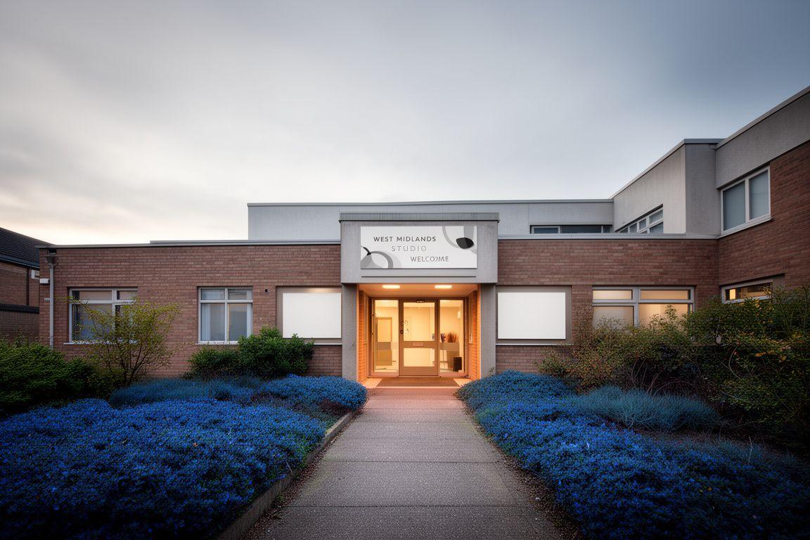 Exterior view of a modest West Midlands studio building with a welcoming entrance and signage