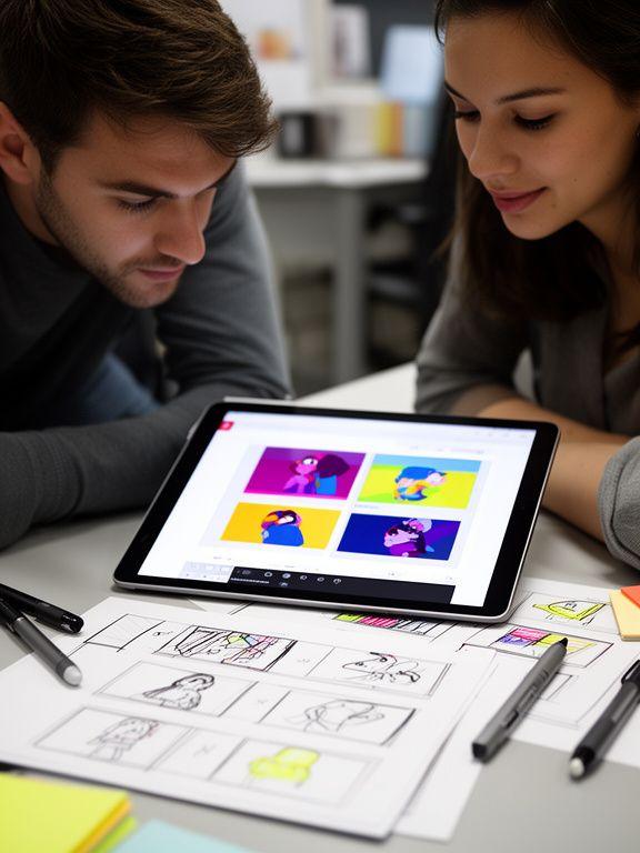 Developer and artist collaborating over a tablet and storyboard in a compact office space