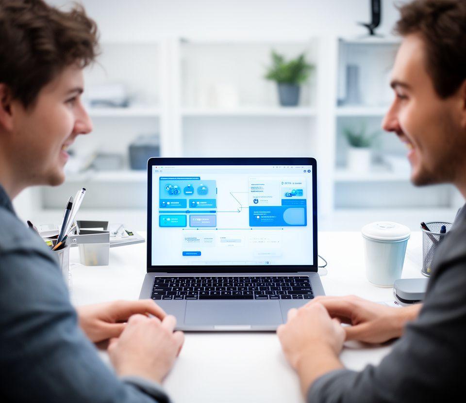Two creative game developers discussing a mobile game roadmap on a bright studio screen