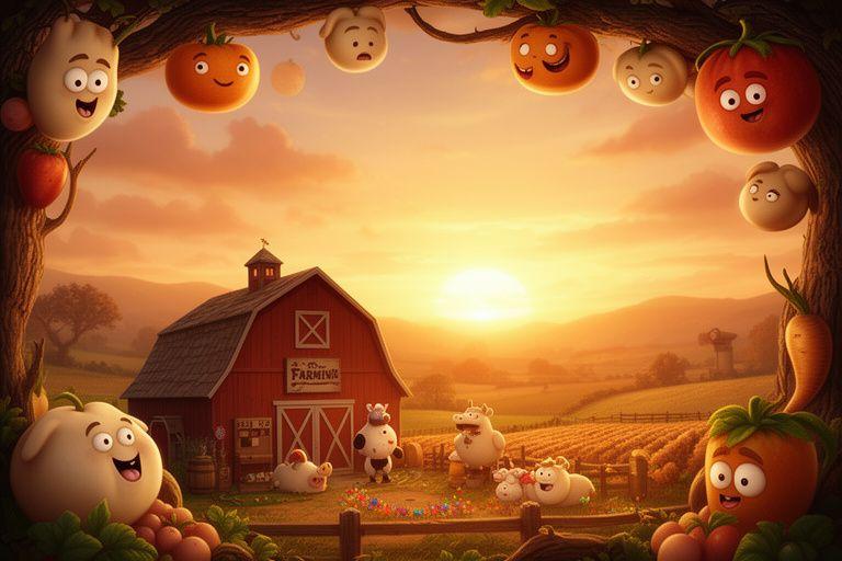 Themed farming game cover with warm sunset colours, a cosy barn, and friendly animated produce