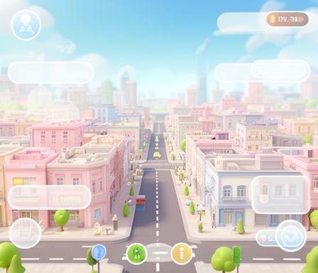 A cheerful city-builder mobile game with pastel buildings, animated roads, and playful app-style UI