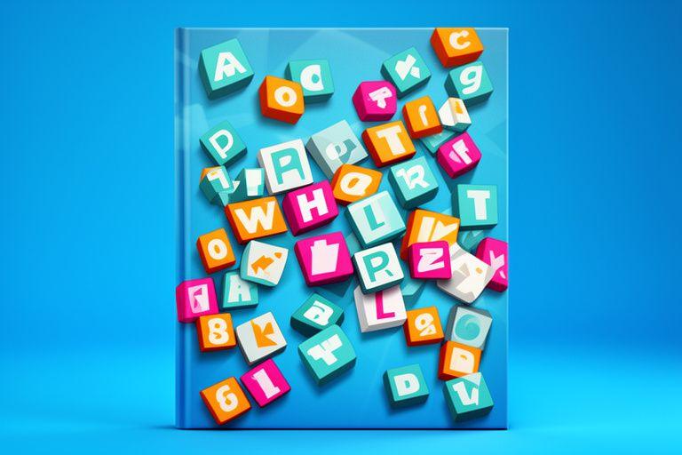 Word game cover with letter tiles, playful typography, and a bright blue studio backdrop