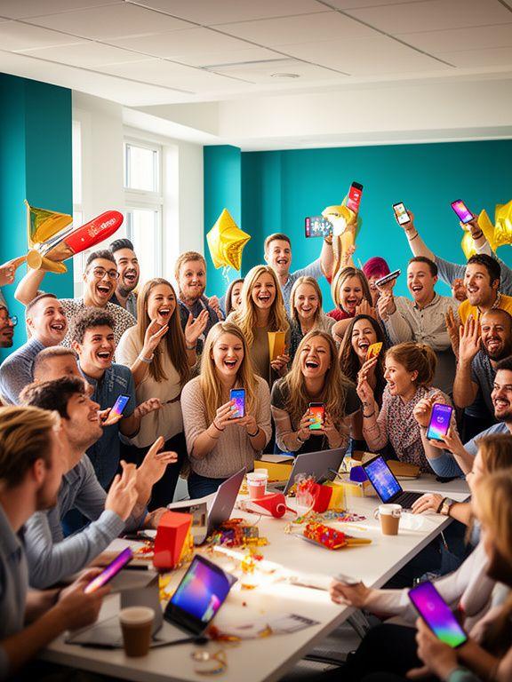 Small West Midlands team celebrating a game launch in a bright meeting room