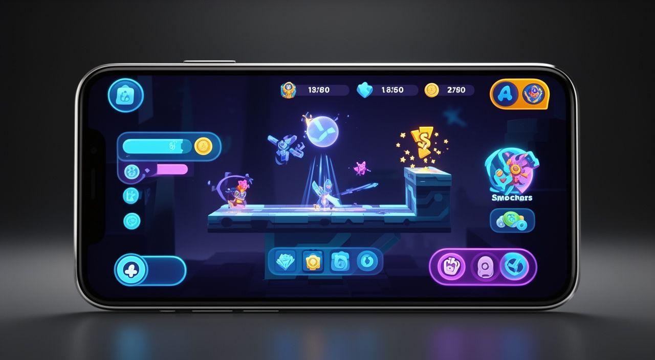 Selected mobile game screenshot carousel shown on a bright device mock-up with a themed level and reward screen
