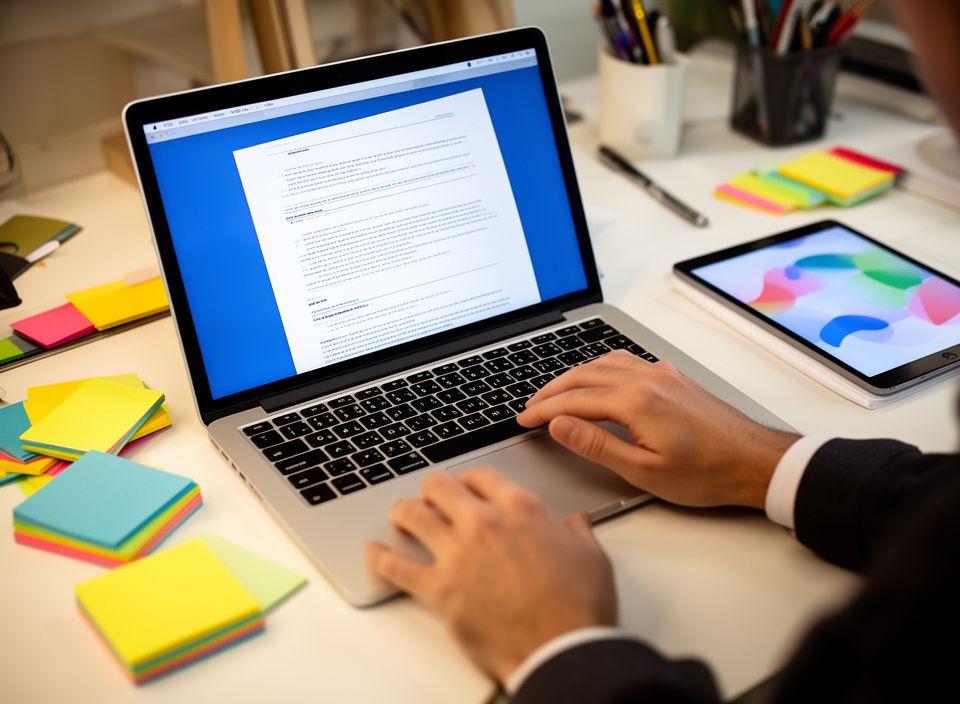 Designer reviewing a mobile game contract on a laptop beside colourful studio notes and a tablet on a bright desk
