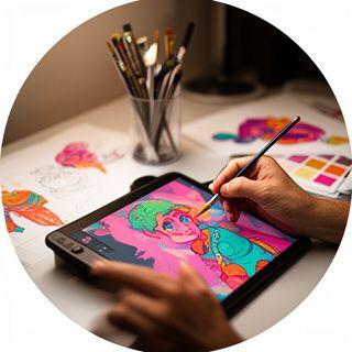 Maisie Evans painting colourful character art on a studio tablet with brushes and swatches nearby