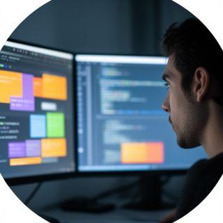 Ryan Singh focused on code review with dual monitors and a prototype build on screen