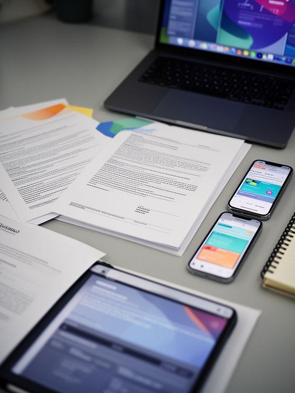 Game studio desk with contract pages, mobile device mock-ups, and a notebook beside a laptop in a calm work setting
