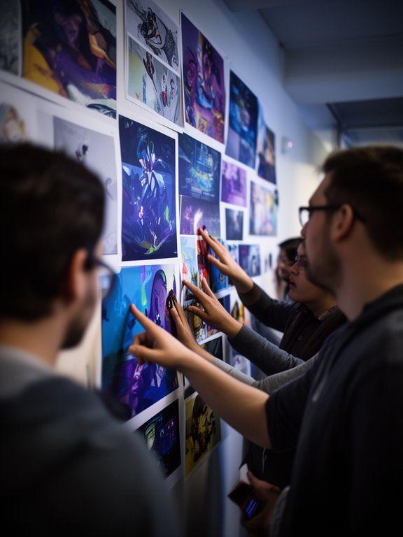 Game team reviewing colourful concept art and prototype screens on a studio wall