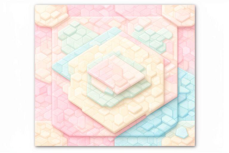 Puzzle game cover featuring pastel tiles, layered shapes, and a gentle studio-light finish