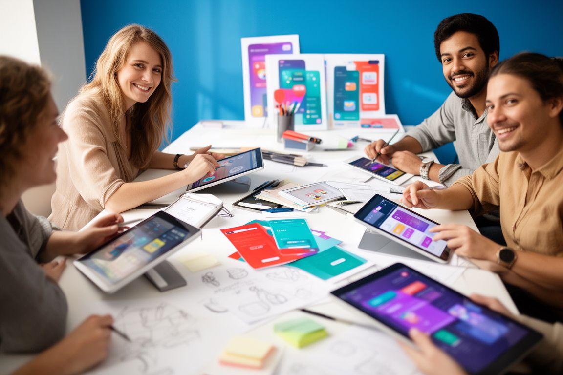 Creative mobile game studio team gathered around a bright desk with tablets, sketches and colourful UI mockups in a West Midlands office