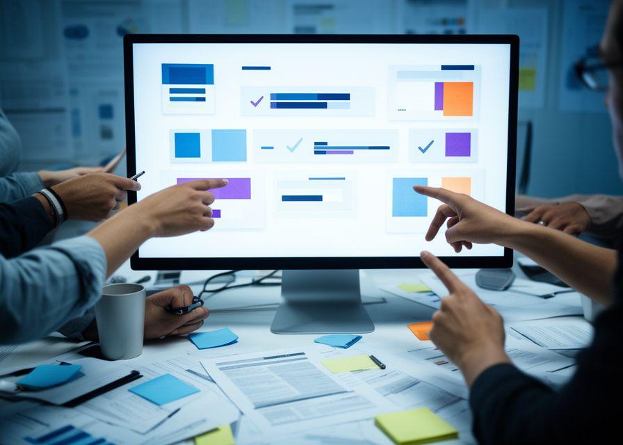 Publishing team reviewing a mobile game launch workflow on a large screen with sticky notes and campaign timelines