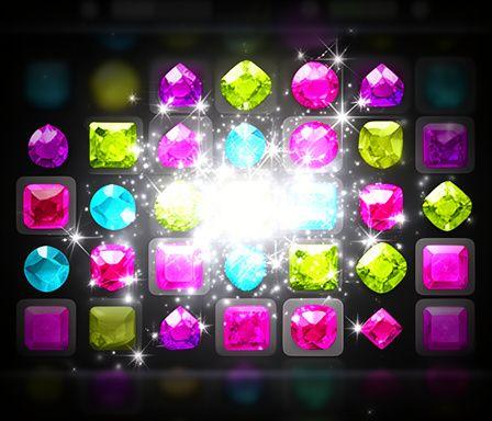 A colourful match game screen with gems, sparkles, and rounded buttons in a mobile interface