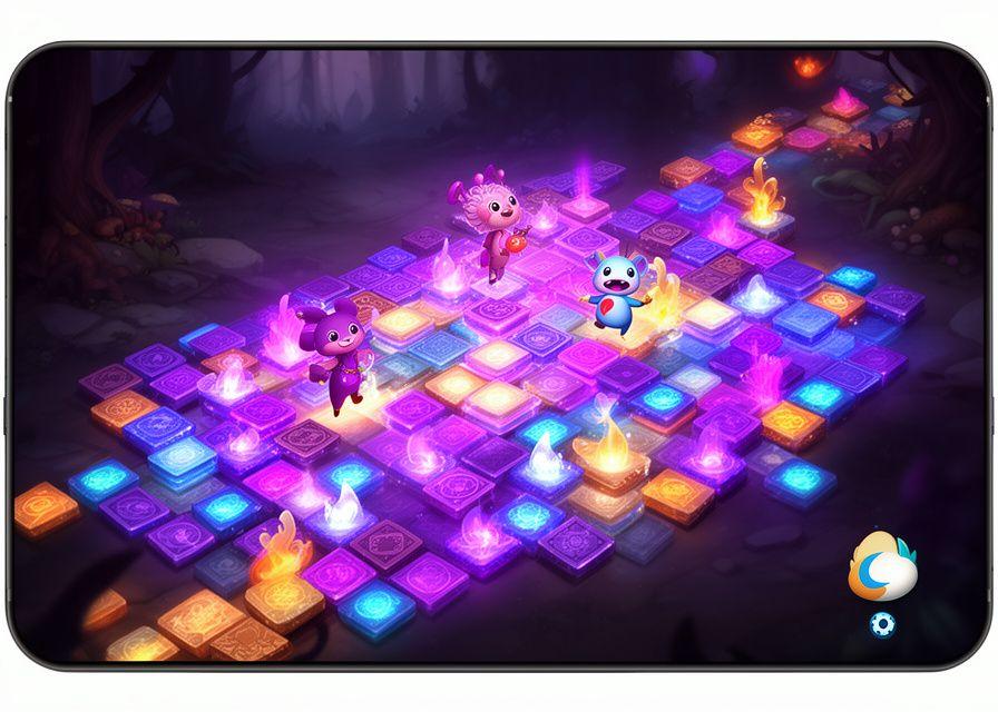A vibrant fantasy puzzle game scene with glowing tiles, friendly characters, and bold colour blocks