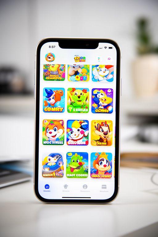 A bright mobile game showcase mockup on a desk, displaying colourful app screens with playful themed artwork