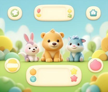 A kids mobile game scene with friendly animals, soft shapes, and a playful learning interface