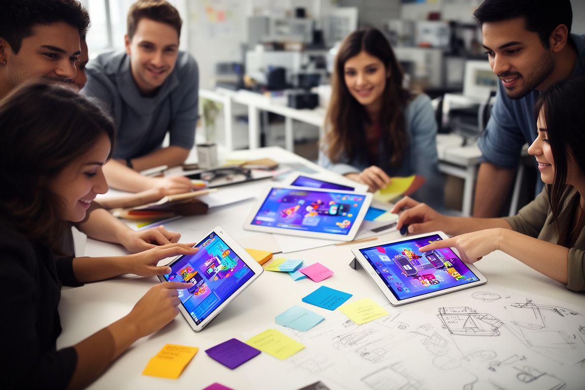 Game developer team planning a colourful mobile prototype in a bright studio with tablets and sketches