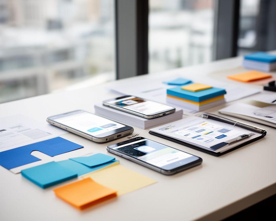 Mobile game marketing desk with app store mock-ups, campaign notes and a bright studio window