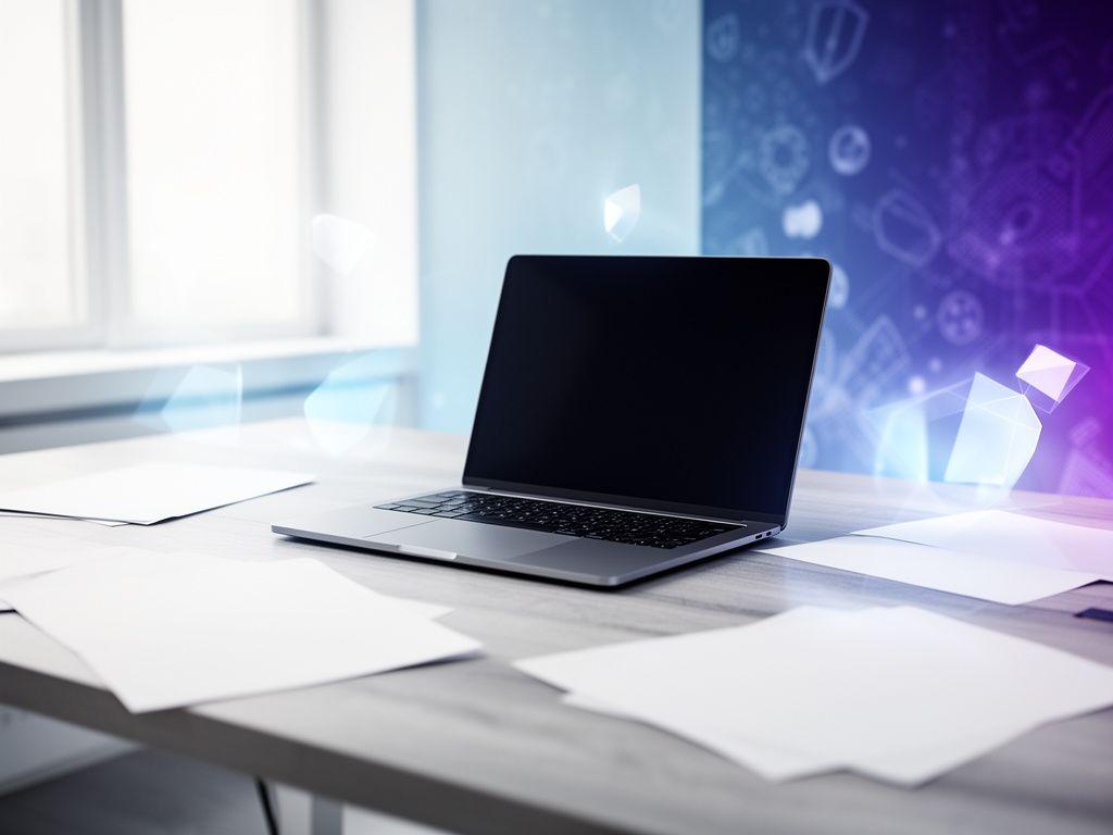 Bright desk scene with a laptop, notes, and secure game development documents in a modern studio