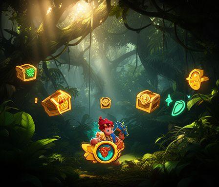 A themed adventure game with jungle foliage, treasure icons, and a lively character portrait