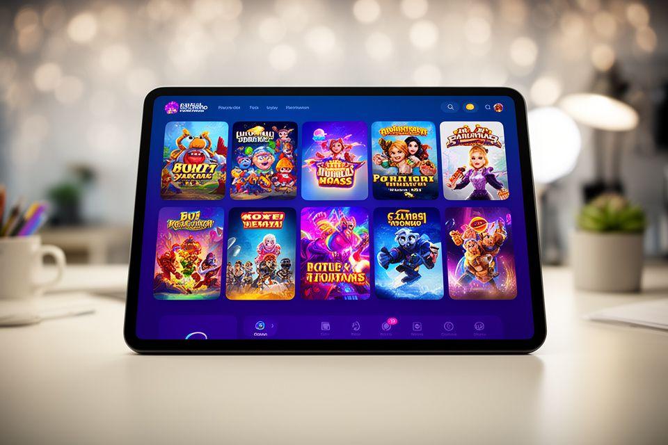 Mobile game portfolio dashboard shown on a bright studio desk with colourful cover art tiles and a tablet preview