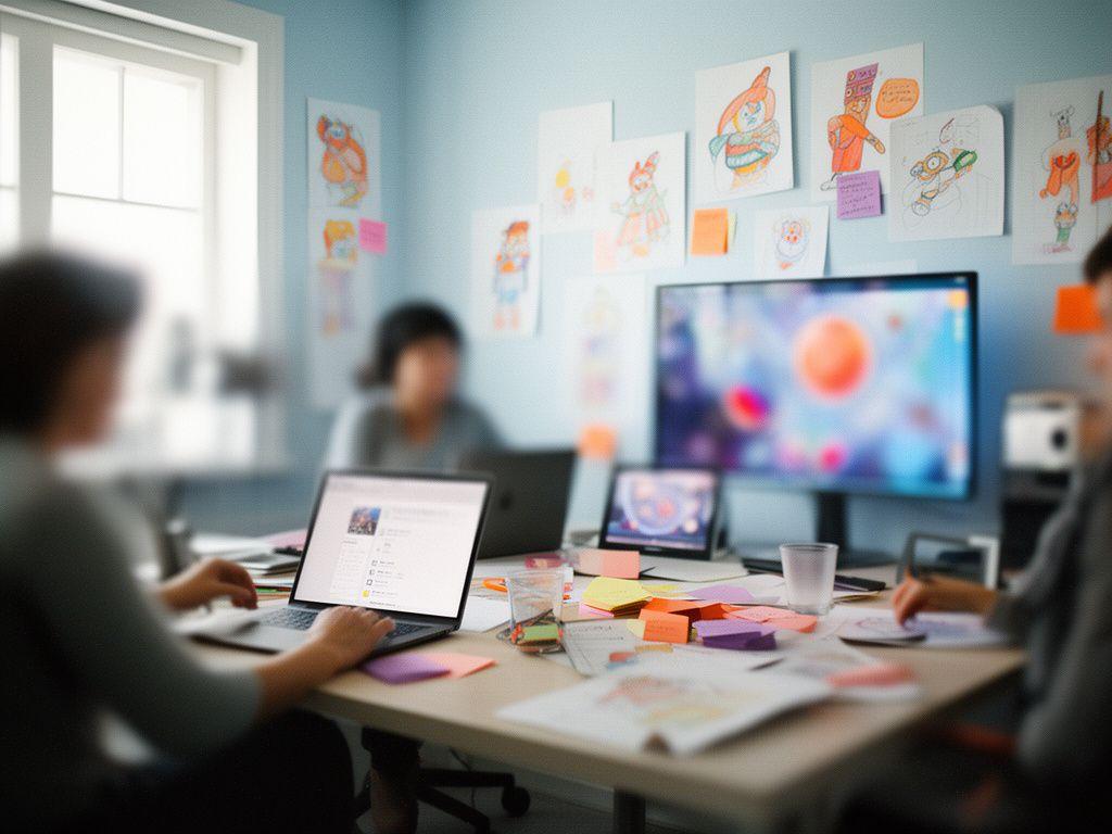 Friendly mobile game studio workspace with bright screens, colourful sketches and a relaxed collaboration area