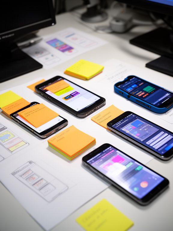 Studio desk with phone test devices, sticky notes and UI sketches during a mobile game review